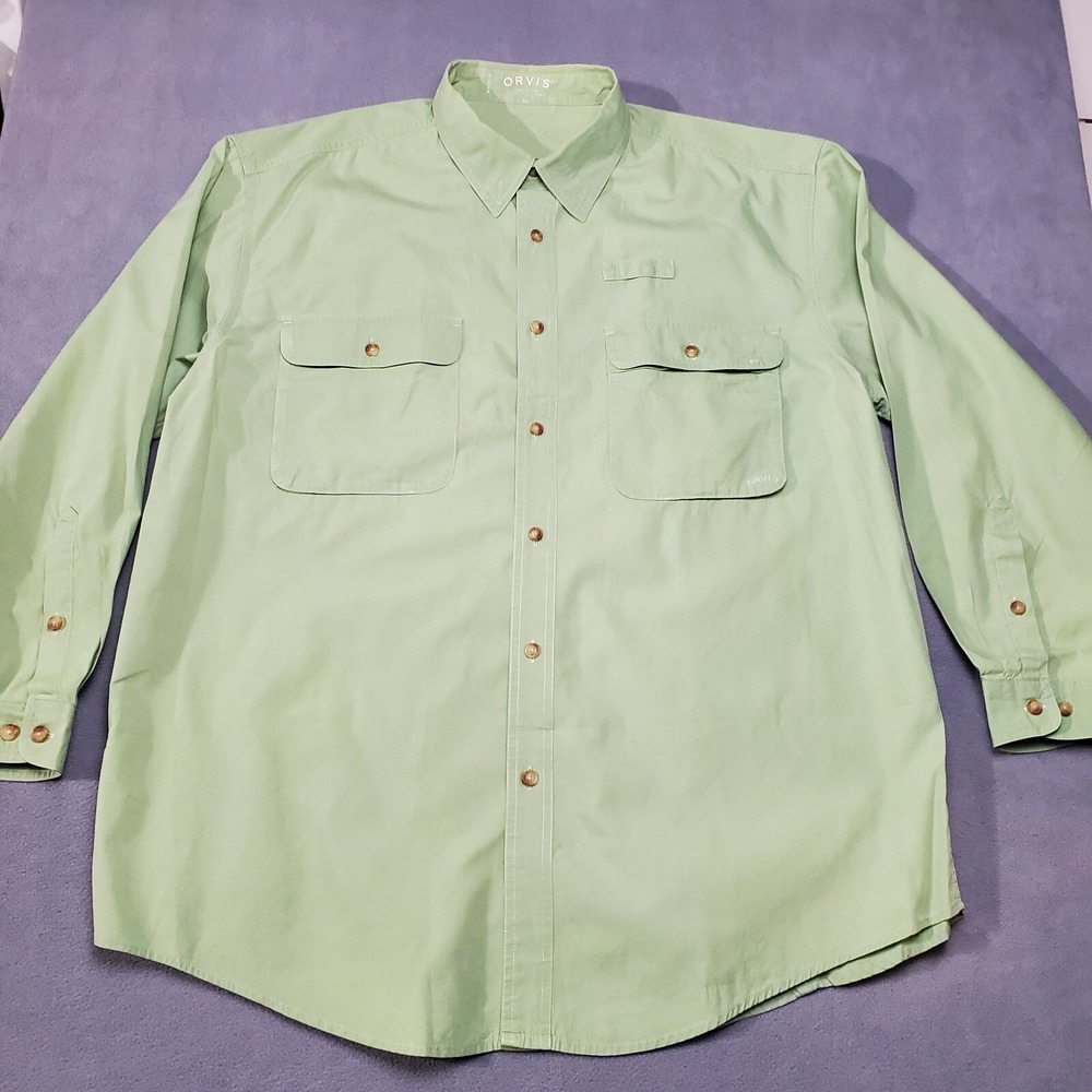 Orvis Shirt Mens XL Green Pockets Long Sleeve Button Up Outdoor Cargo Hiking